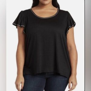 Max Studio Black Flutter Sleeve Top with Contrast Stitch
